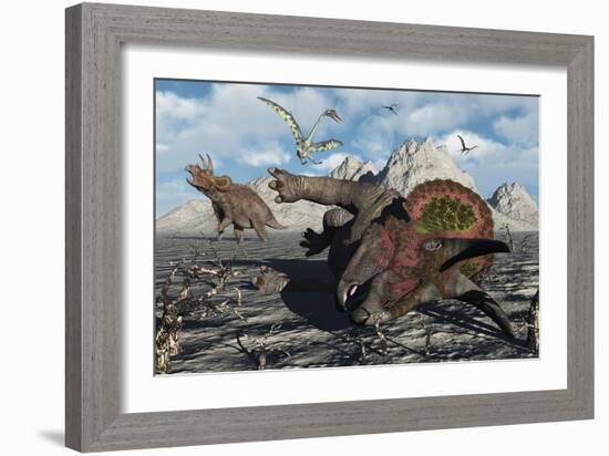 A Pair of Triceratops Trapped in a Deadly Mud Pit-null-Framed Art Print