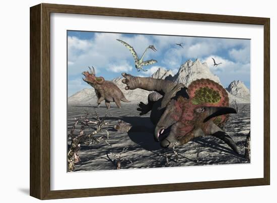 A Pair of Triceratops Trapped in a Deadly Mud Pit-null-Framed Art Print