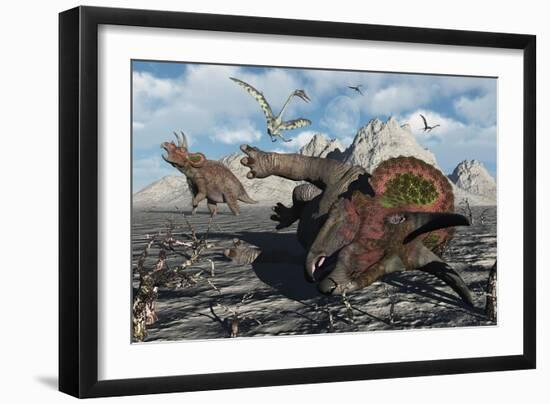 A Pair of Triceratops Trapped in a Deadly Mud Pit-null-Framed Art Print