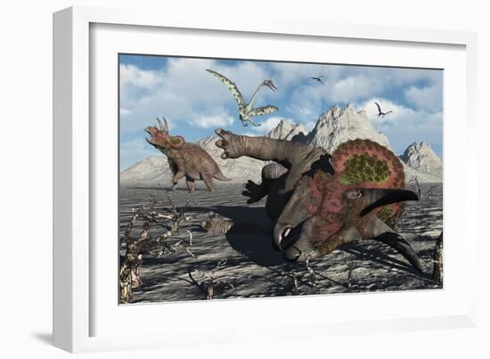 A Pair of Triceratops Trapped in a Deadly Mud Pit-null-Framed Art Print