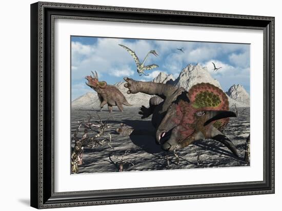 A Pair of Triceratops Trapped in a Deadly Mud Pit-null-Framed Art Print