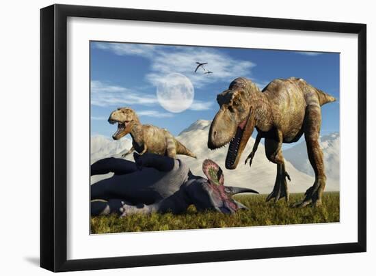 A Pair of Tyrannosaurus Rex Dinosaurs Ready to Make a Meal of a Dead Triceratops-Stocktrek Images-Framed Premium Giclee Print