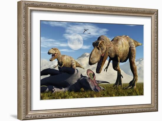 A Pair of Tyrannosaurus Rex Dinosaurs Ready to Make a Meal of a Dead Triceratops-Stocktrek Images-Framed Art Print