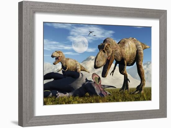 A Pair of Tyrannosaurus Rex Dinosaurs Ready to Make a Meal of a Dead Triceratops-Stocktrek Images-Framed Art Print