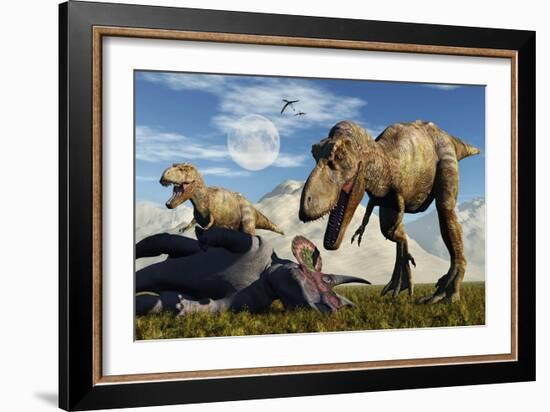 A Pair of Tyrannosaurus Rex Dinosaurs Ready to Make a Meal of a Dead Triceratops-Stocktrek Images-Framed Art Print