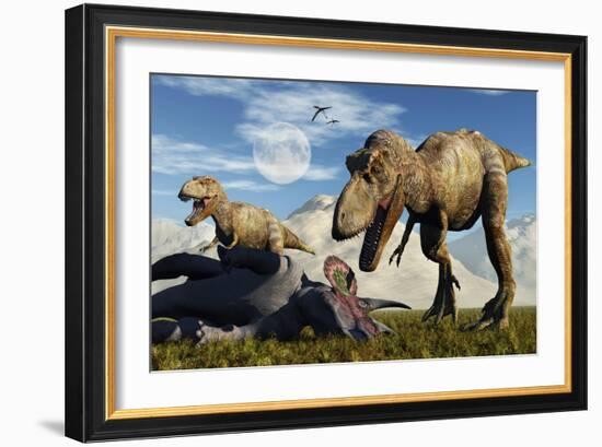 A Pair of Tyrannosaurus Rex Dinosaurs Ready to Make a Meal of a Dead Triceratops-Stocktrek Images-Framed Art Print