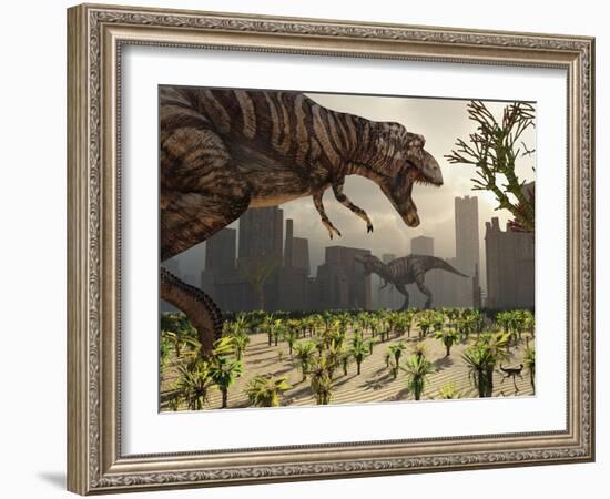 A Pair of Tyrannosaurus Rex Explore a City in Hopes of Finding their Next Meal-Stocktrek Images-Framed Photographic Print