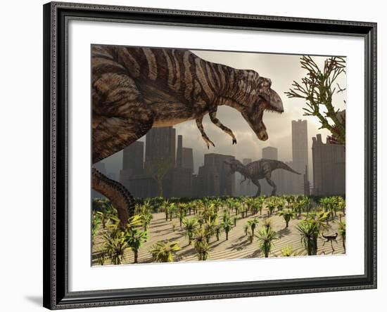 A Pair of Tyrannosaurus Rex Explore a City in Hopes of Finding their Next Meal-Stocktrek Images-Framed Photographic Print