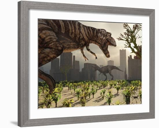 A Pair of Tyrannosaurus Rex Explore a City in Hopes of Finding their Next Meal-Stocktrek Images-Framed Photographic Print