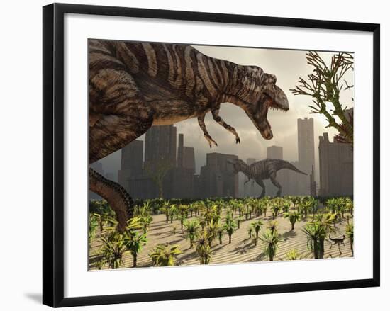 A Pair of Tyrannosaurus Rex Explore a City in Hopes of Finding their Next Meal-Stocktrek Images-Framed Photographic Print