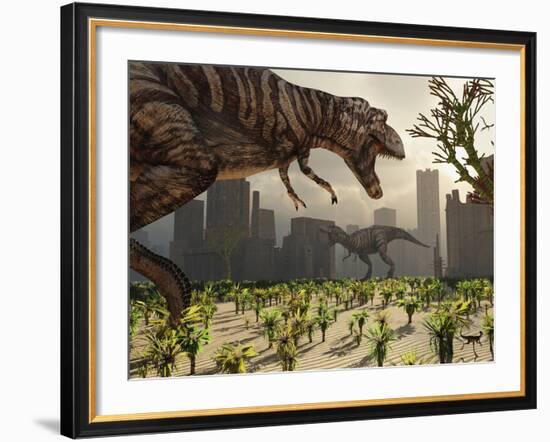 A Pair of Tyrannosaurus Rex Explore a City in Hopes of Finding their Next Meal-Stocktrek Images-Framed Photographic Print