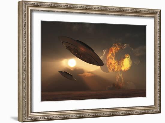 A Pair of Ufo's with a Nuclear Explosion in Background-Stocktrek Images-Framed Premium Giclee Print