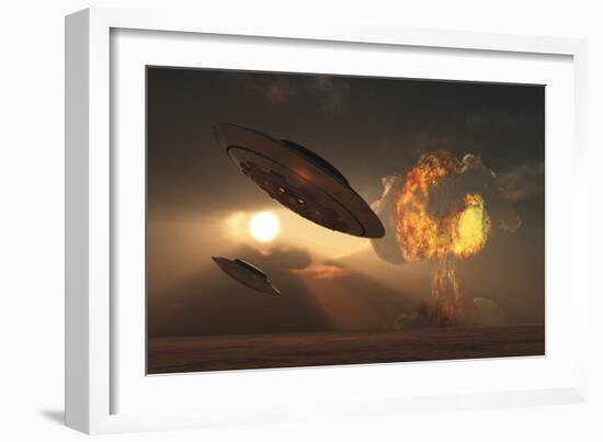 A Pair of Ufo's with a Nuclear Explosion in Background-Stocktrek Images-Framed Premium Giclee Print