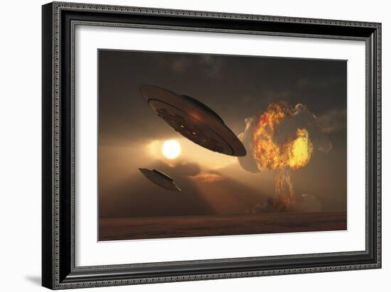 A Pair of Ufo's with a Nuclear Explosion in Background-Stocktrek Images-Framed Premium Giclee Print