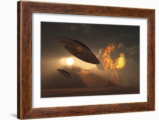 A Pair of Ufo's with a Nuclear Explosion in Background-Stocktrek Images-Framed Art Print