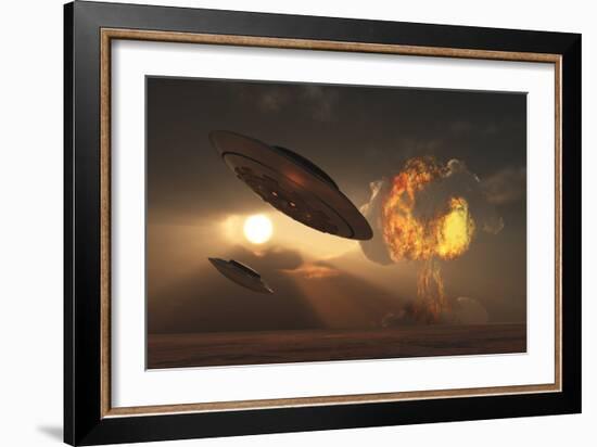 A Pair of Ufo's with a Nuclear Explosion in Background-Stocktrek Images-Framed Art Print