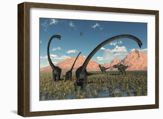 A Pair of Yangchuanosaurus Dinosaurs Confront a Family of Omeisaurus-null-Framed Premium Giclee Print