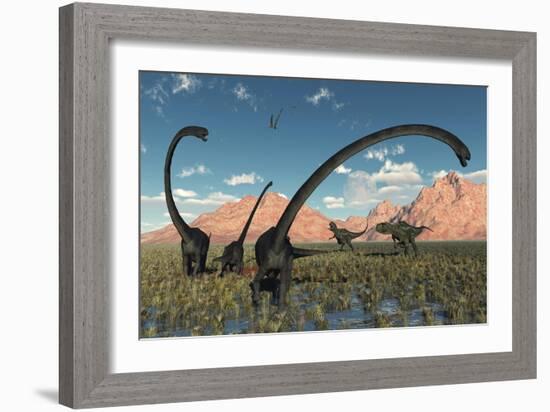 A Pair of Yangchuanosaurus Dinosaurs Confront a Family of Omeisaurus-null-Framed Art Print