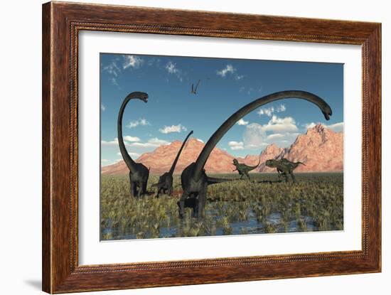 A Pair of Yangchuanosaurus Dinosaurs Confront a Family of Omeisaurus-null-Framed Art Print