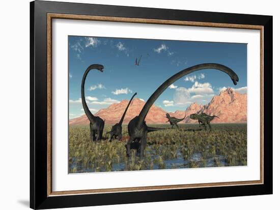 A Pair of Yangchuanosaurus Dinosaurs Confront a Family of Omeisaurus-null-Framed Art Print