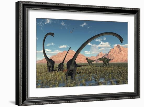 A Pair of Yangchuanosaurus Dinosaurs Confront a Family of Omeisaurus-null-Framed Art Print