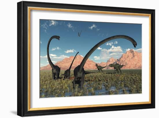 A Pair of Yangchuanosaurus Dinosaurs Confront a Family of Omeisaurus-null-Framed Art Print