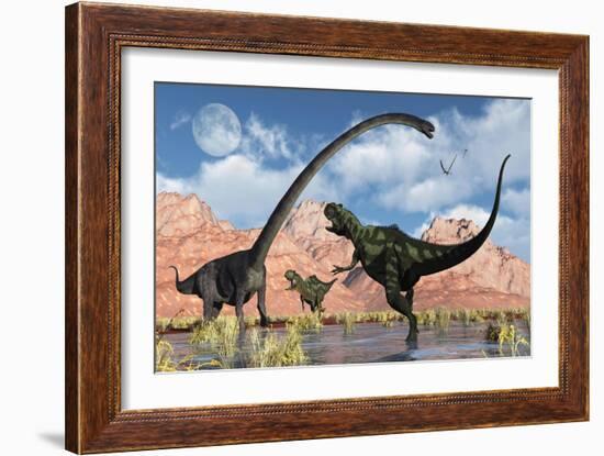 A Pair of Yangchuanosaurus Dinosaurs Confront an Omeisaurus-null-Framed Art Print