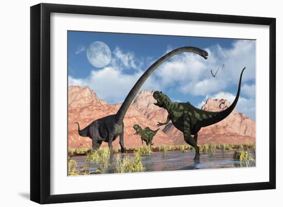 A Pair of Yangchuanosaurus Dinosaurs Confront an Omeisaurus-null-Framed Art Print