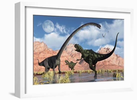 A Pair of Yangchuanosaurus Dinosaurs Confront an Omeisaurus-null-Framed Art Print