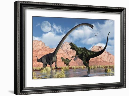 A Pair of Yangchuanosaurus Dinosaurs Confront an Omeisaurus-null-Framed Art Print