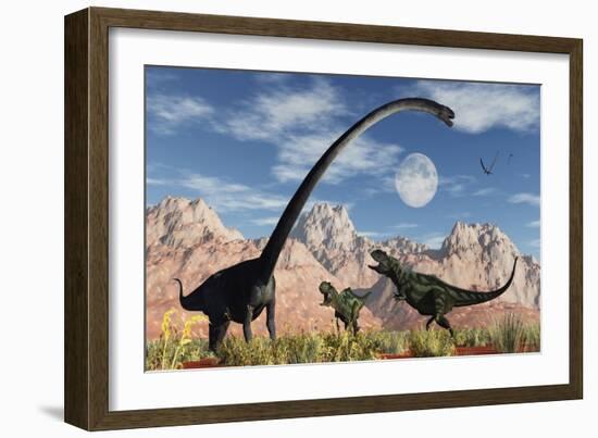 A Pair of Yangchuanosaurus Dinosaurs Confront an Omeisaurus-null-Framed Art Print