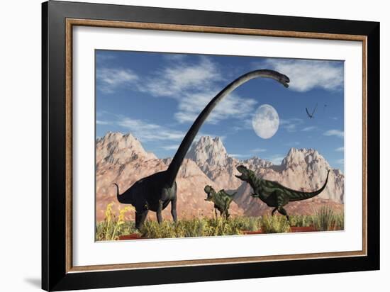 A Pair of Yangchuanosaurus Dinosaurs Confront an Omeisaurus-null-Framed Art Print