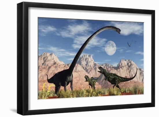 A Pair of Yangchuanosaurus Dinosaurs Confront an Omeisaurus-null-Framed Art Print