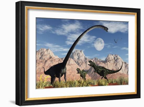 A Pair of Yangchuanosaurus Dinosaurs Confront an Omeisaurus-null-Framed Art Print