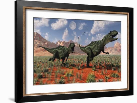 A Pair of Yangchuanosaurus Dinosaurs Hunting-null-Framed Art Print