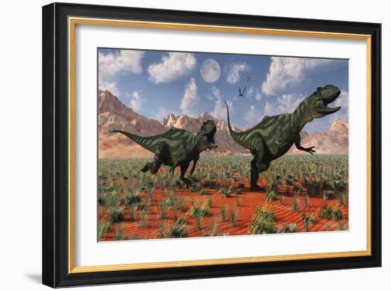 A Pair of Yangchuanosaurus Dinosaurs Hunting-null-Framed Art Print