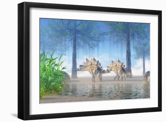 A Pair Stegosaurus Walking Near a Pond on a Jurassic Misty Morning-Stocktrek Images-Framed Art Print