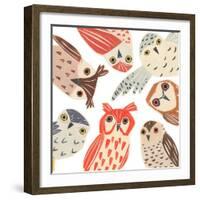 A Parliament Of Owls, 2018, collagraph collage-Sarah Battle-Framed Giclee Print