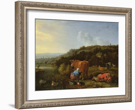 A Pastoral Landscape with a Milkmaid and a Sleeping Cowherd, 17Th Century-Herman the Younger Saftleven-Framed Giclee Print