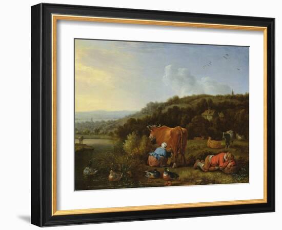 A Pastoral Landscape with a Milkmaid and a Sleeping Cowherd, 17Th Century-Herman the Younger Saftleven-Framed Giclee Print