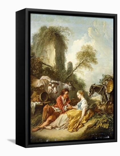 A Pastoral Landscape with a Shepherd and Shepherdess Seated by Ruins-Francois Boucher-Framed Premier Image Canvas