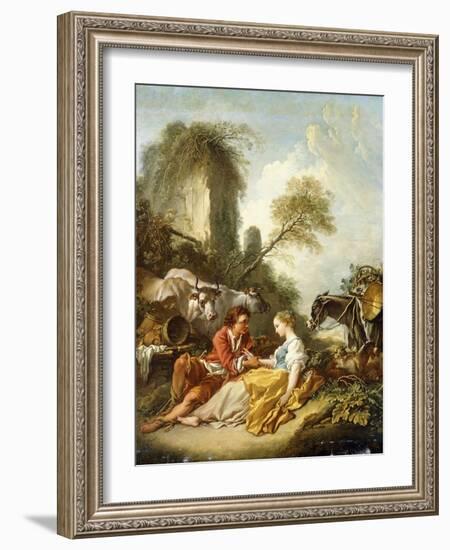 A Pastoral Landscape with a Shepherd and Shepherdess Seated by Ruins-Francois Boucher-Framed Giclee Print