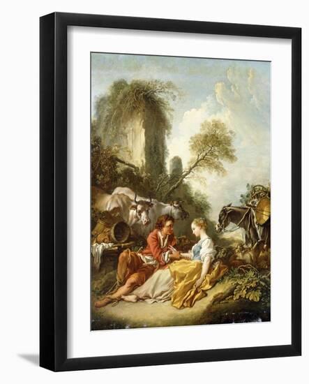 A Pastoral Landscape with a Shepherd and Shepherdess Seated by Ruins-Francois Boucher-Framed Giclee Print