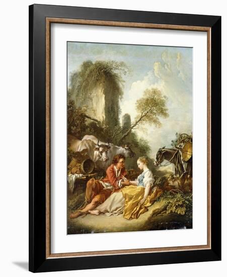 A Pastoral Landscape with a Shepherd and Shepherdess Seated by Ruins-Francois Boucher-Framed Giclee Print