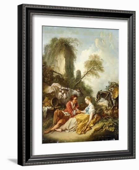 A Pastoral Landscape with a Shepherd and Shepherdess Seated by Ruins-Francois Boucher-Framed Giclee Print