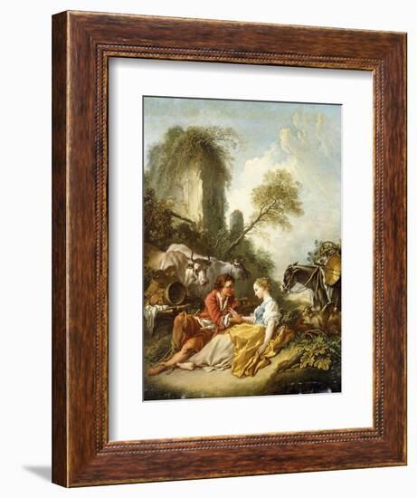 A Pastoral Landscape with a Shepherd and Shepherdess Seated by Ruins-Francois Boucher-Framed Giclee Print