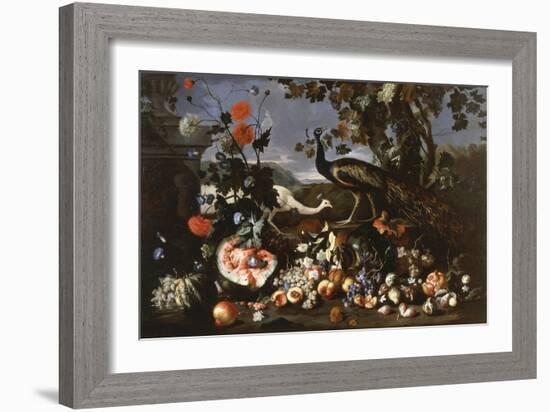 A Peacock and a Penhen with Fruit and Flowers in a Park-Franz Werner Tamm-Framed Giclee Print
