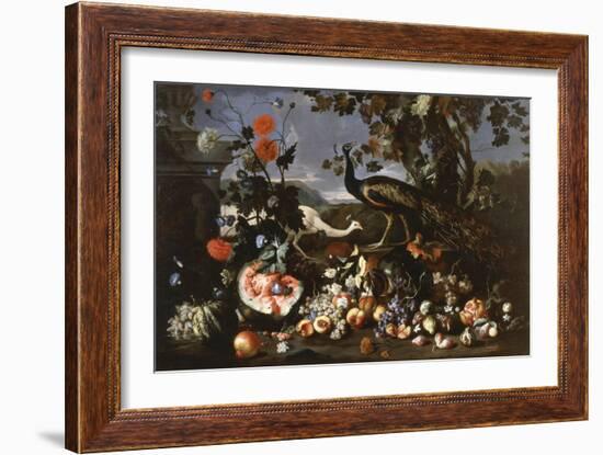 A Peacock and a Penhen with Fruit and Flowers in a Park-Franz Werner Tamm-Framed Giclee Print