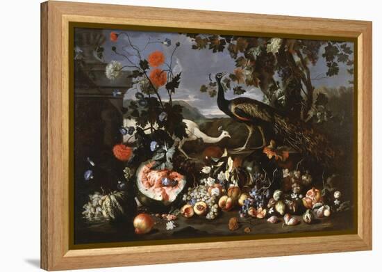 A Peacock and a Penhen with Fruit and Flowers in a Park-Franz Werner Tamm-Framed Premier Image Canvas