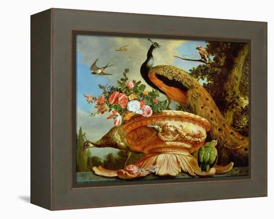 A Peacock on a Decorative Urn-Melchior de Hondecoeter-Framed Premier Image Canvas